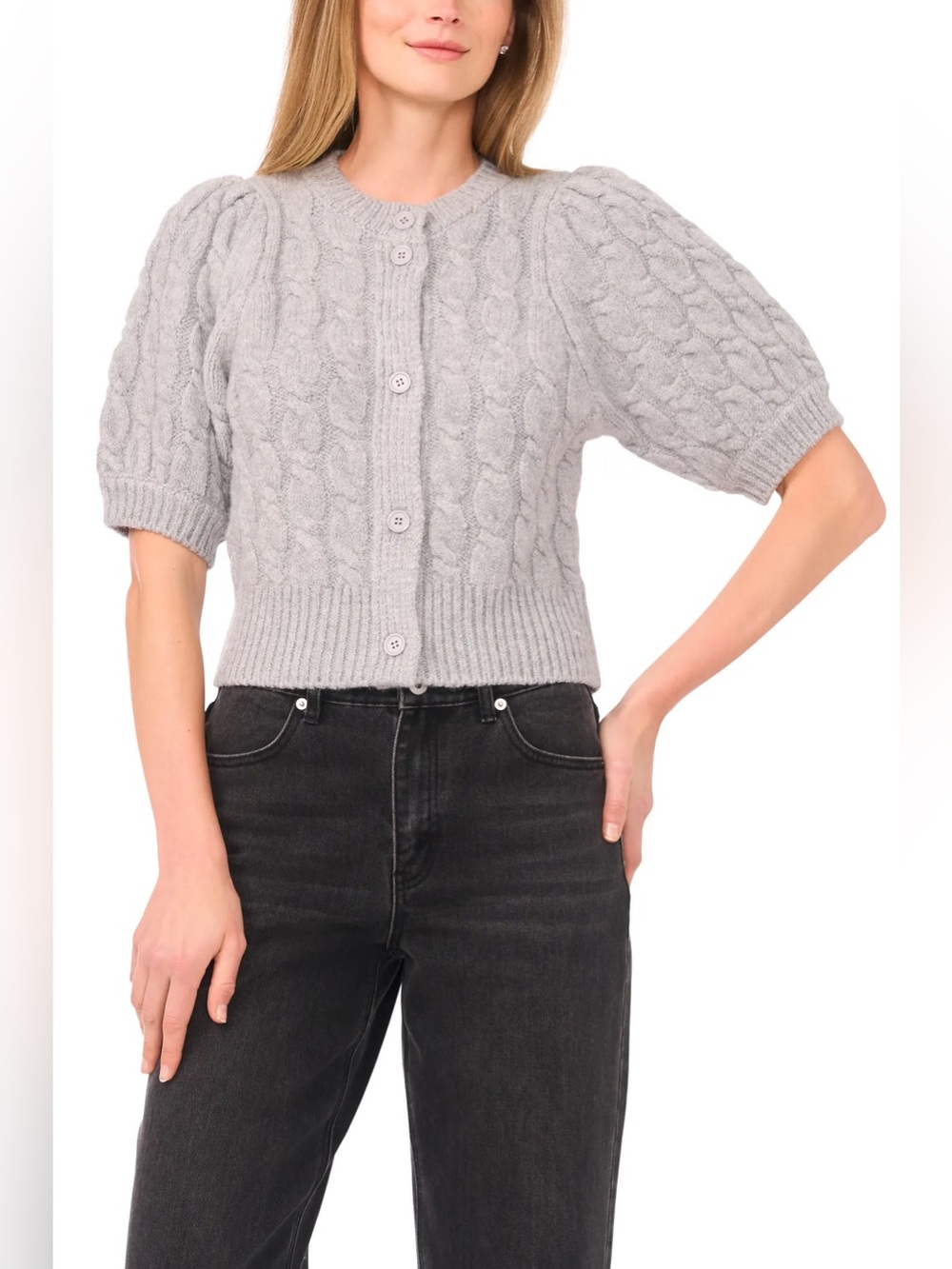 NWOT- Halogen Puff Sleeve Cable Cardigan, Grey, size Medium